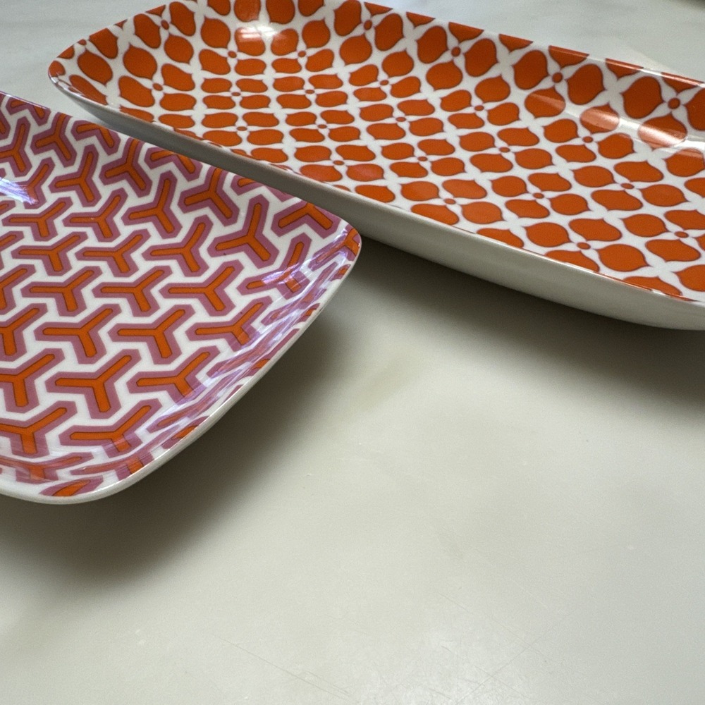 Jonathan Adler Geometric Pair Of Serving Platters In Orange And Pink Retro Funky - Picture 4 of 11